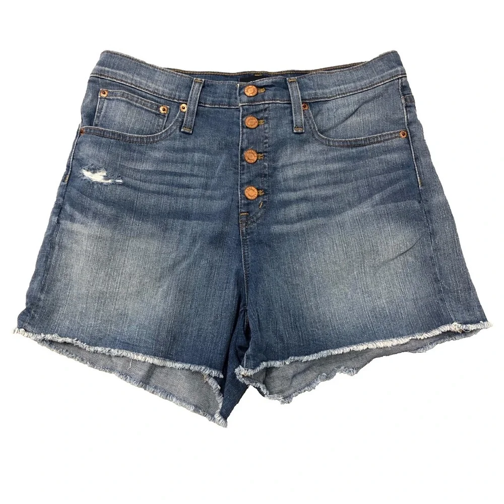 J Crew Jean High Rise Shorts Womens 28 6 Blue Denim Button Distressed Festival